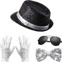 Dance Star Costume, Black Sequin Hat, Silver Glove, Bow Ties, Sunglasses for 80s 90s Role Play and Pop Stage Party Outfits