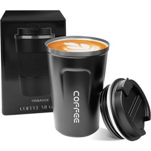 YINBAOGE Insulated Travel Coffee Mug, Spill & Leak Proof, Portable To Go Camping Stainless Steel Coffee Tumbler, Reusable Thermal Coffee Cup with Lid for Hot & Cold Drinks (2nd-Black, 12 OZ)