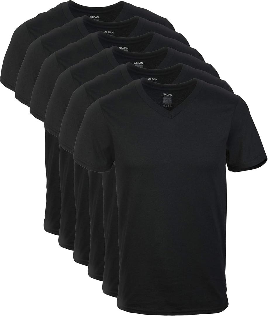 Gildan Men's V-Neck T-Shirts, Multipack, Style G1103 (Large, Black (6-pack))
