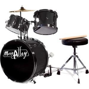 Music Alley 3 Piece Kids Drum Set with Drum Sticks & Drum Throne Seat (Metallic Black)