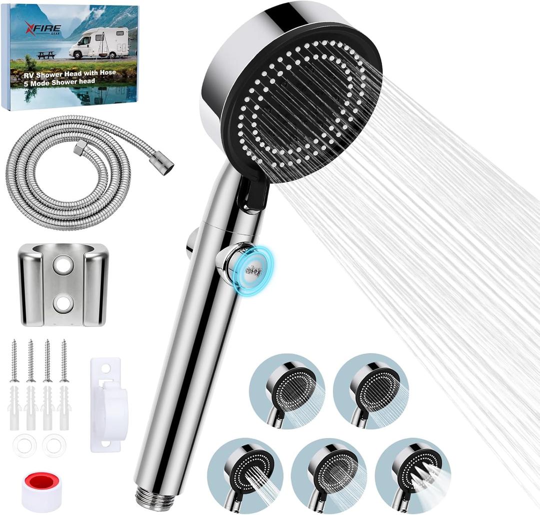 RV Shower Head with Hose, 5+1 Mode High Pressure Replacement with On/Off Switch, Water Saving Motorhome Shower Head for RV/Campervan, Caravan(Silver)