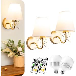 Battery Operated Wall Sconces Lights Set of Two Remote Control, Antique Brass Bow Sconces Rechargeable Battery Powered Wall Lights Dimmable LED 2700K-6000K 16 Color Temperatures