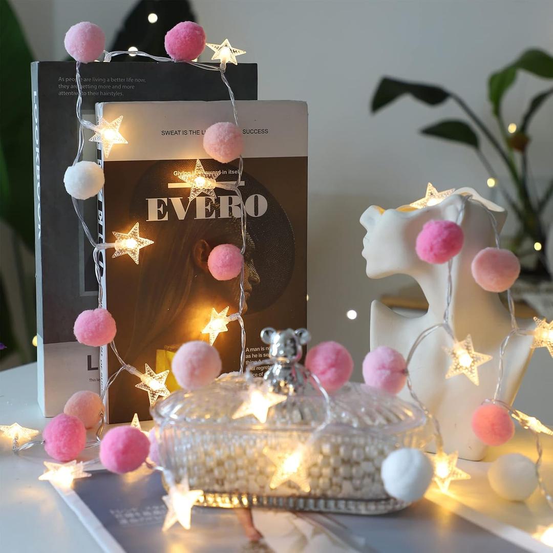 ChiRee Indoor String Lights 6.56 Feet Pom Poms Star Lights 20 LED Battery Operated String Fairy Lights Warm White Star Lights Colorful Decor Lights for Home Bedroom Kids Playhouse Holiday Christmas