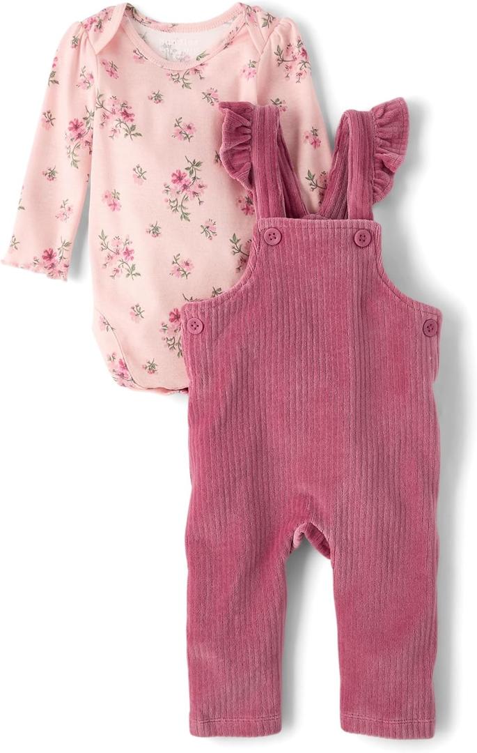 The Children's Place Baby Girls' And Newborn Long Sleeve Body Suit and Overalls, 2 Piece Outfit