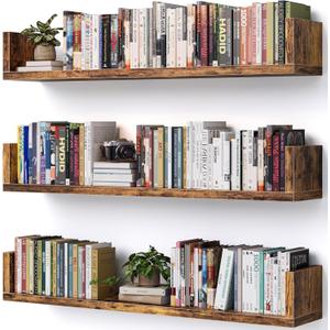 Wall Bookshelf, Set of 3, 36 Inches U Shaped Wall Shelves, Long Deep Floating Shelves, Large Floating Book Shelves - Wood Hanging Bookshelves for Kitchen, Bedroom (Rustic Brown, 36 Inches)