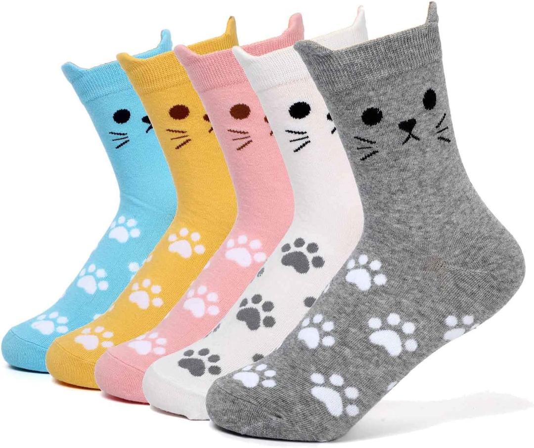 Womens Grils Cute Animal Socks, Dog Cat Socks, Novelty Funny Crew Sock, Animal Gifts for Women Dog and Cat Lovers (Cat 2 Animal 5 Pairs)
