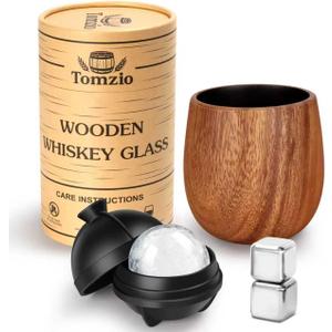 Charred Wooden Bourbon Drinking Glass Set,USA Design 11oz Handcrafted Premium Acacia Whiskey Tumbler, 2 Stones & 1 Ice Ball Molds,Charred Old Fashioned Glass,Unique Bourbon Gifts for (1 Pack Charred)