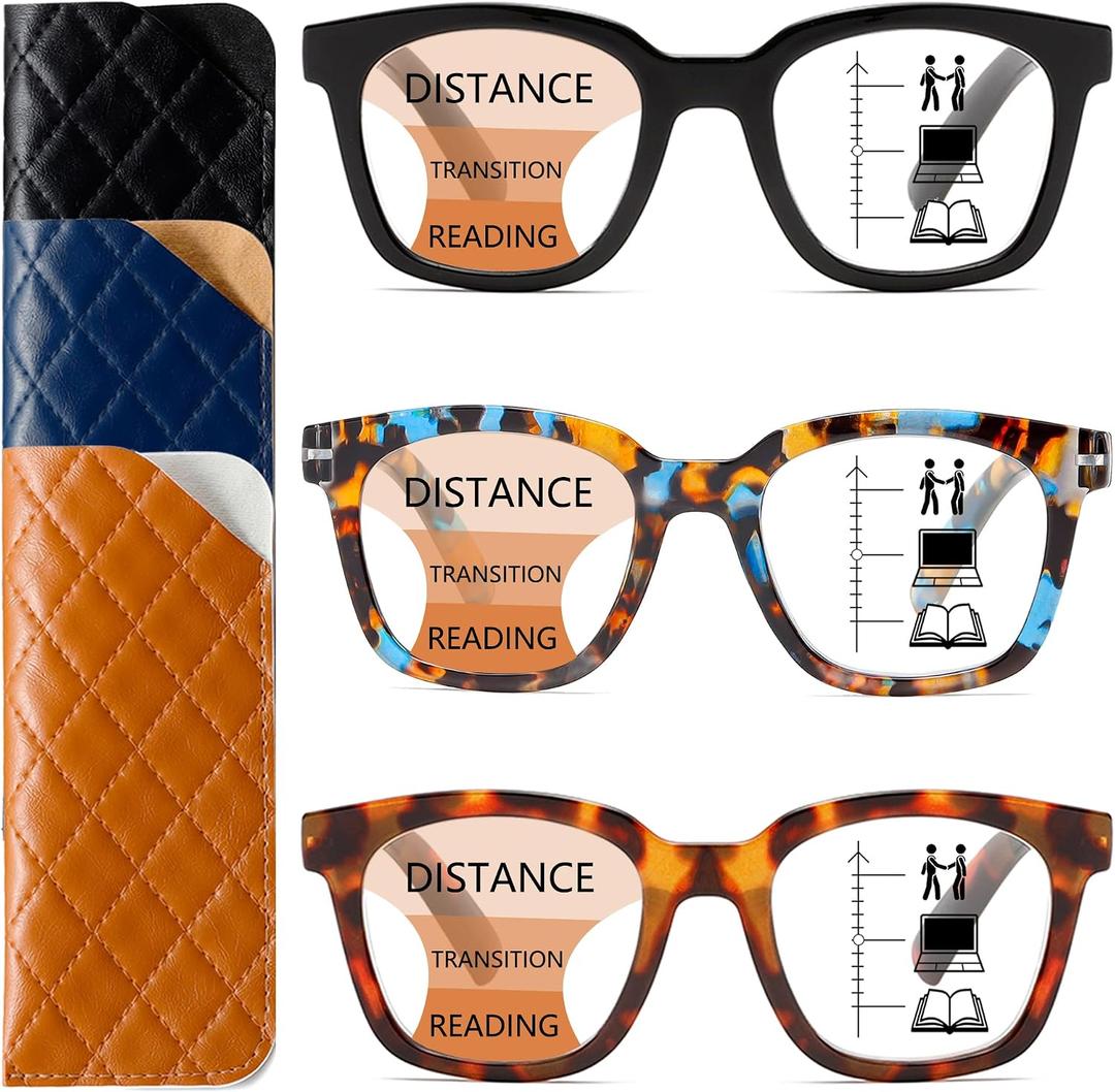 ZXYOO 3 Pack Near-range Workspace Progressive Reading Glasses for Women Men Square Blue Light Blocking Readers+2.00