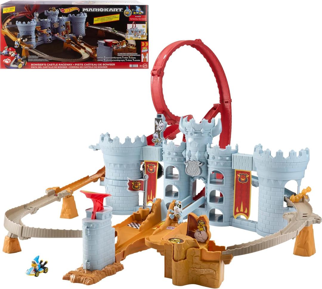 Hot Wheels Toy Car Track Set, Mario Kart Bowser’s Castle Playset & 1:64 Scale Die-Cast Kamek, Interactive Play, with Storage for 30+ Vehicles
