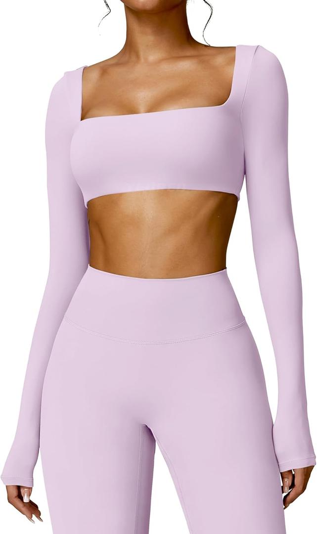 YEOREO Kyla Women Crop Top Long Sleeve Padded Sports Low Medium Impact Yoga Shirt Workout (Large, Purple)