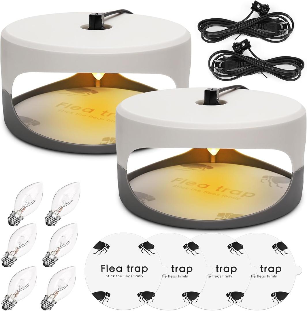 Flea Traps for Inside Your Home, 2 Pack Flea Trap with Sticky Pads Refills & Light Bulb Replacement, Odorless Natural Indoor Bed Bug Light Killer Insect Infestation Treatment Trap for Kids Pet (Round)