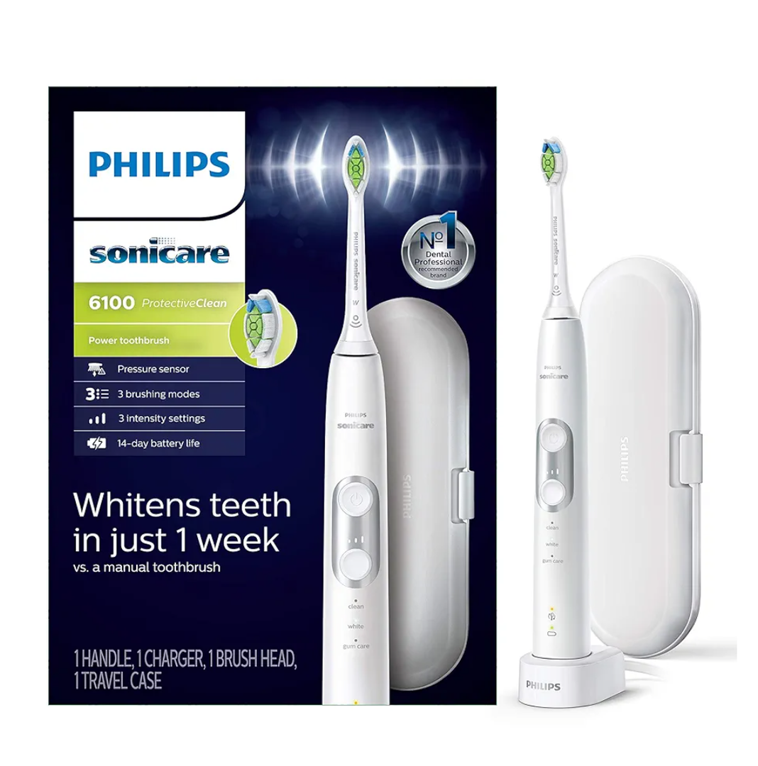 PHILIPS Sonicare ProtectiveClean 6100 Rechargeable Electric Toothbrush, with Pressure Sensor, 3 Cleaning Modes, SmarTimer and QuadPacer, 14-Day Battery Life, Travel Case, White, Model HX6877/21