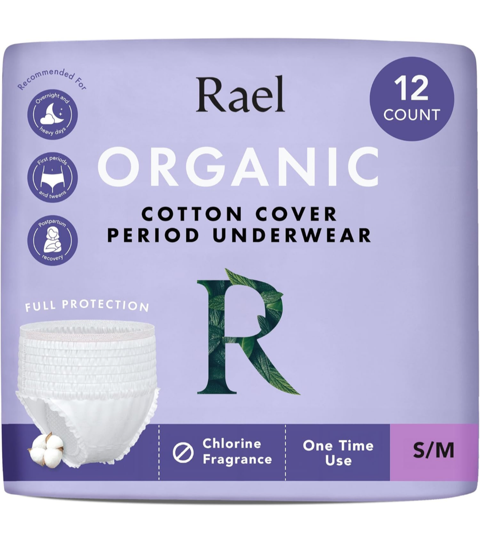 Rael Disposable Underwear for Women, Organic Cotton Cover - Incontinence Pads, Postpartum Essentials, Disposable Underwear, Unscented, Maximum Coverage (Size S-M, 12 Count)