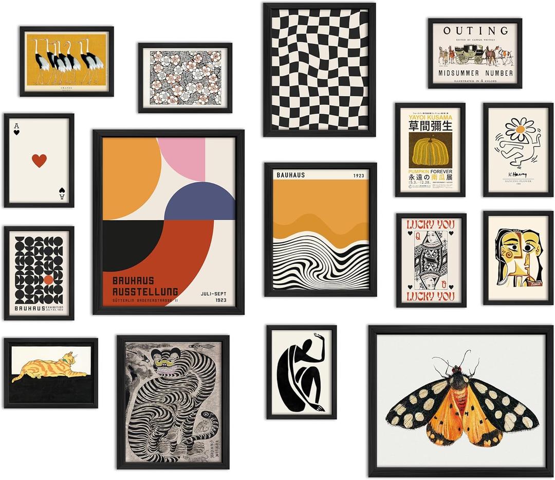 ANERZA 16 PCS Framed Eclectic Wall Art Decor, Modern Maximalist Wall Prints for Bedroom, Vintage Gallery Wall Frame Set, Bauhaus Funky Posters for Home Decor, Retro Abstract Dorm Collage Kit