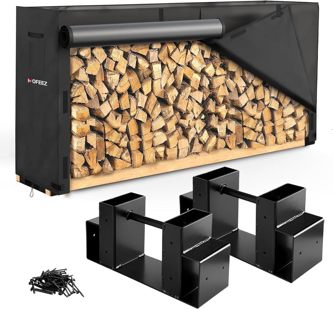 MOFEEZ Firewood Log Rack and 8ft Cover Combo, Wood Racks Holder for Wood Storage Outdoor, Powder-coated Finish for Weather Resistant