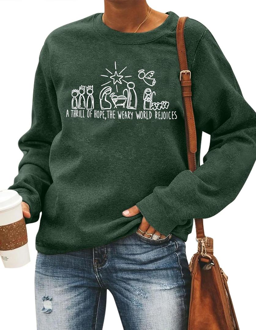 FAYALEQ Christmas Sweatshirt Women Merry Christmas Shirt Pullover Xmas Graphic Long Sleeve Tops (Green, S)