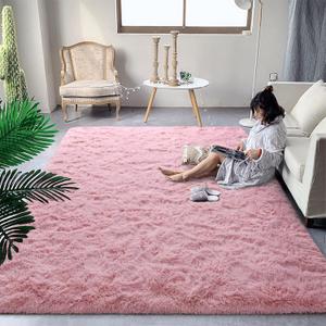 DweIke Fluffy Blush Pink Rugs for Bedroom Living Room, 4x6 Feet Soft Plush Shaggy Rose Coral Pinkish Girls Kids Rug, Non-Slip and Machine Washable Carpet for Dorm Nursery Classroom Decor