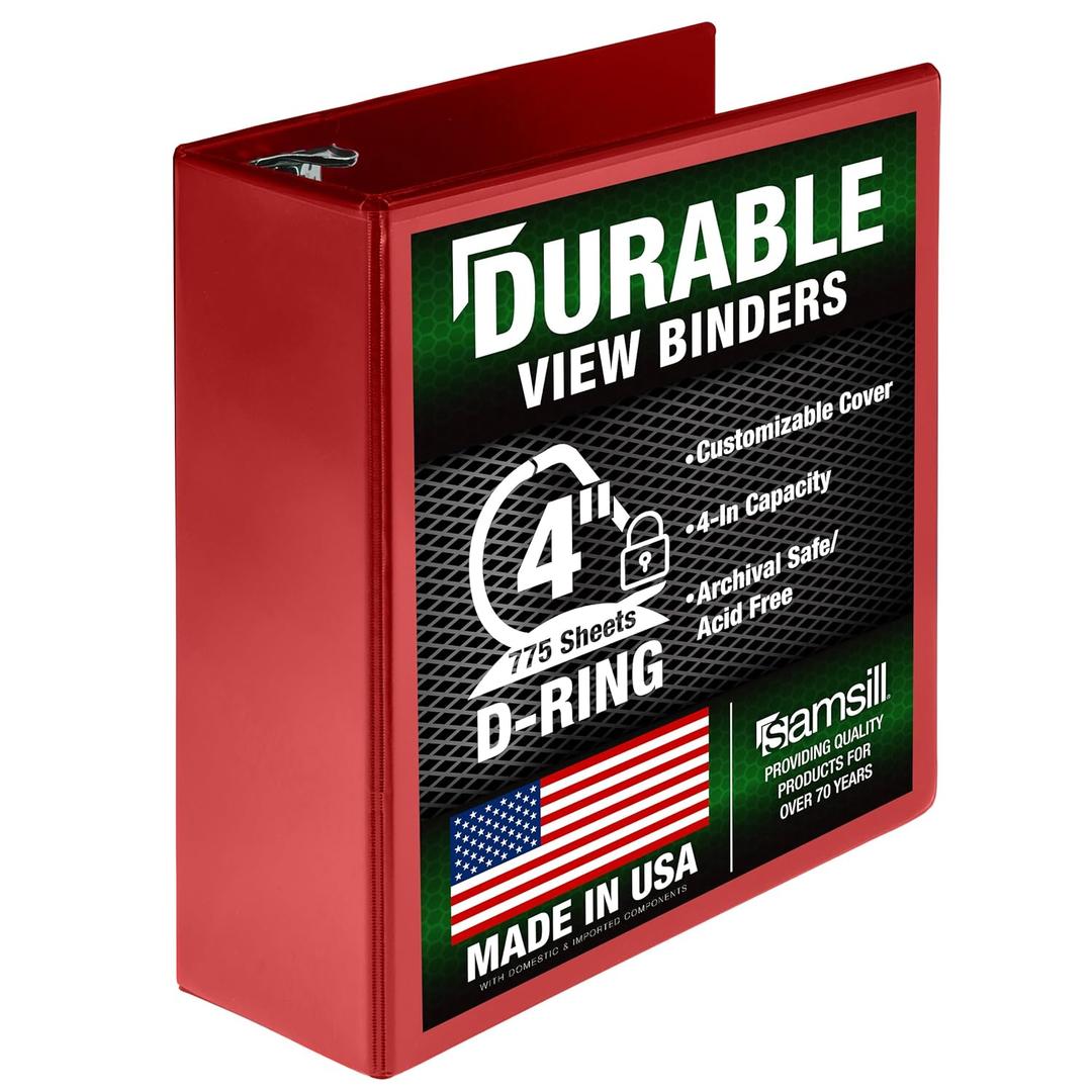 Samsill Durable 4 Inch Binder, Locking D Ring Binder, Customizable Clear View Cover, Red, Single, Holds 775 Pages