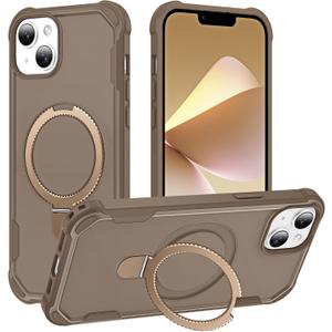 Compatible with iPhone 13 Case & iPhone 14 Case with Invisible Magnetic Ring Stand [Compatible with Magnetic] [Military Drop Protection] Shockproof Slim Hard Back Soft Edge 6.1 Inch, Khaki