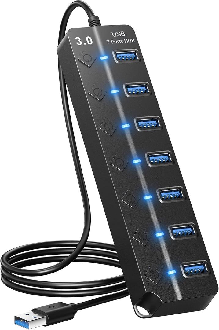 USB Hub 3.0, 7-Port USB Hub Splitter with Individual On/Off Switches and Lights, 3.2ft/1m Long Cable Compatible with MacBook, Laptop, Surface Pro, PS4, PC, Flash Drive, Mobile HDD (Black)