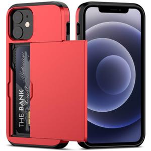 Nvollnoe for iPhone 12 Mini Case with Card Holder Heavy Duty Protective Dual Layer Shockproof Hidden Card Slot Slim Wallet Case for iPhone 12 Mini for Men&Women(Red)