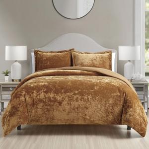 Luxury Velvet Queen Size Comforter Set, 3 Pieces Reversible Brushed Solid Microfiber Back, All Season Cozy, Soft, Warm(Caramel Gold,90x90 in)