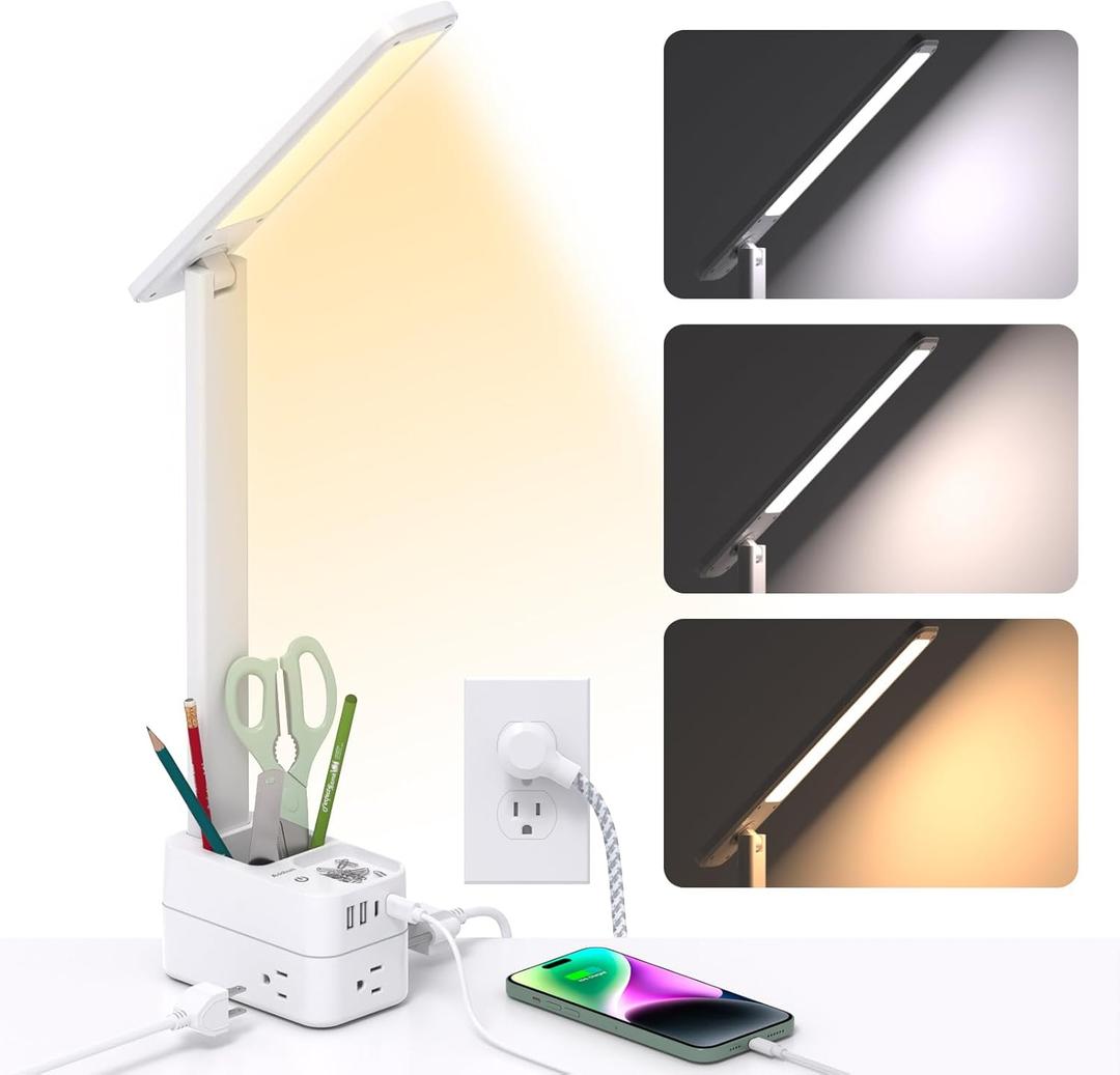 Addtam LED Desk Lamp with Pen Holder, Study Lamps with 3 Outlets 4 USB Charging Ports(2 USBC), 3 Color Modes Desk Light Touch Lamp, Small Desk Lamps for Home Office College Dorm Room Essentials (5 FT)