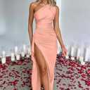 Memoriesea Women's Sexy One Shoulder High Split Cocktail Wedding Party Maxi Dress (Pink) M