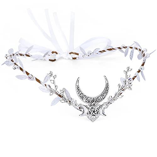 MOSTORY Sliver Moon Elf Headpiece Woodland Forest Crown Headband Fairy Goddess Hair Accessory Queen Circlet Tiara Halo Cosplay Costume for Women Girls Halloween Renaissance Birthday