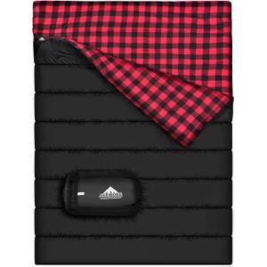 AGEMORE Cotton Flannel Double Sleeping Bag for Camping, Backpacking Or Hiking. Queen Size 2 Person Waterproof Sleeping Bag for Adults Or Teens. Lightweight with Compression Sack (Black/ Red)