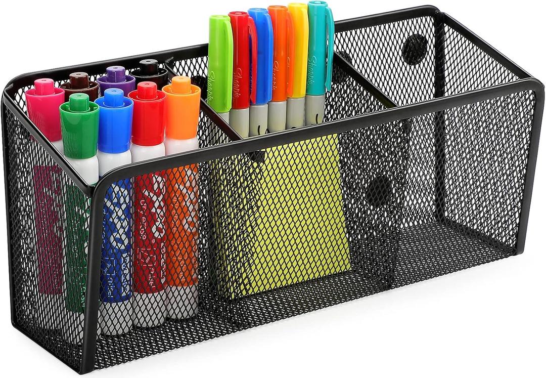 MaxGear Magnetic Pen Holder, Mesh Organizer Caddy, Pencil & Marker Storage for Desk, Extra Strong Magnets for Locker, Whiteboard, School & Office  3 Baskets