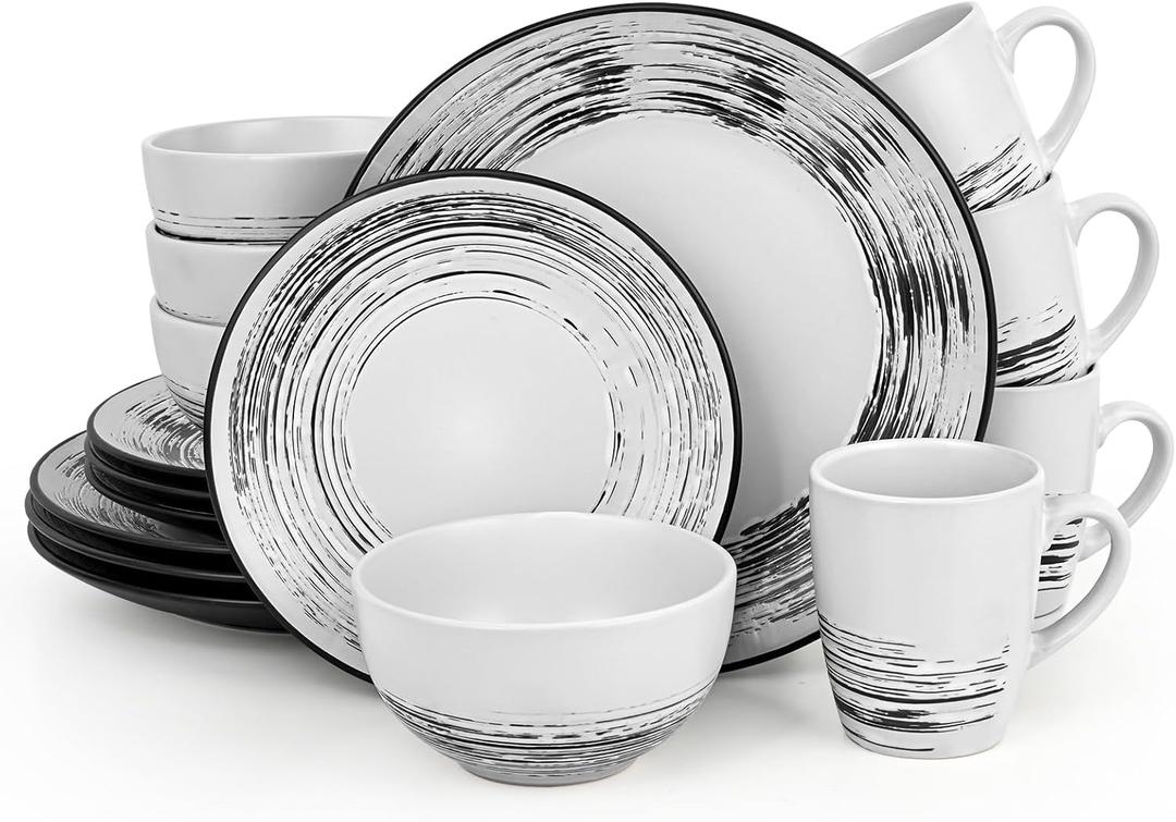Homlouue 16 Pcs Stoneware Dinnerware Sets for 4, Porcelain Farmhouse Plates Bowls Mugs Set - Minimalist Chip Resistant Dish Set, Microwave & Dishwasher Safe in White and Black Thread