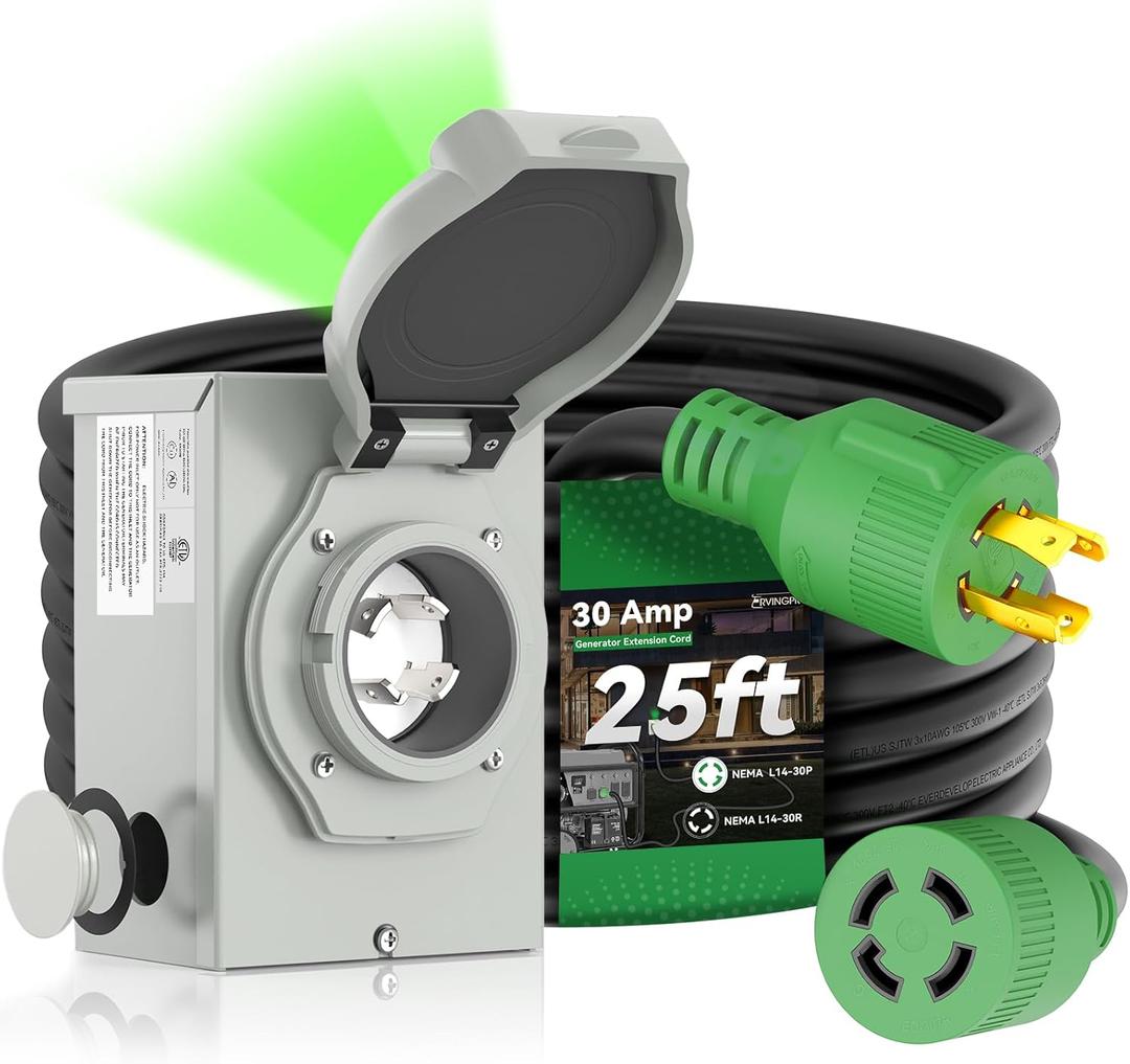 RVINGPRO 30 Amp Generator Cord 25FT and Power Inlet Box, Pre-Drilled 30 Amp Generator Inlet Box with Cord, NEMA L14-30P to L14-30R Generator Cord Waterproof Combo Kit, ETL Listed