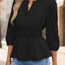 ZESICA Women's 2026 Fall Babydoll Peplum Tops V Neck Puff 3/4 Length Sleeve Shirts Dressy Casual Blouses (Black, S)