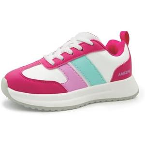AMZZPIK Girls Walking Shoes Casual Athletic Lightweight School Running Sneakers for Little Kid Fuchsia White, Size: 12 