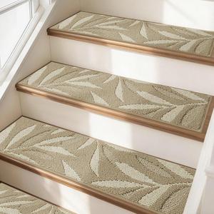 JSEI Stair Treads for Wooden Steps with 3D Leaf Pattern, 14 Pack 9" X 28" Carpet Stair Treads Non-Slip Indoor with TPE Backing, Machine Washable Stair Runners for Kids Elders and Pets, Beige