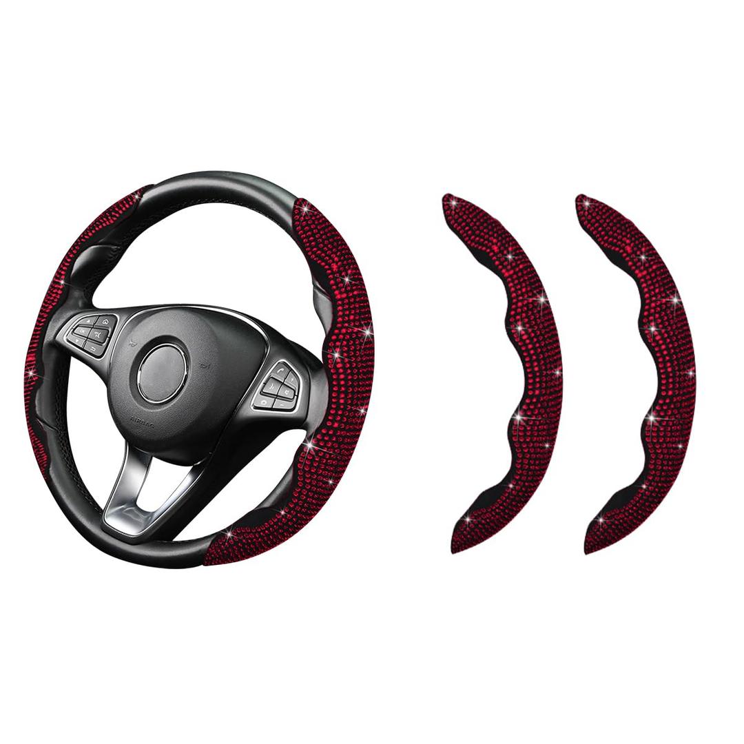 Osilly 2PCS Car Steering Wheel Cover, AntiSlip Sparkly Glitter Bling Diamond Crystal Rhinestones Automotive Steering Wheel Protector for Women Girls, Vehicle Accessories, Universal Fit（Red）