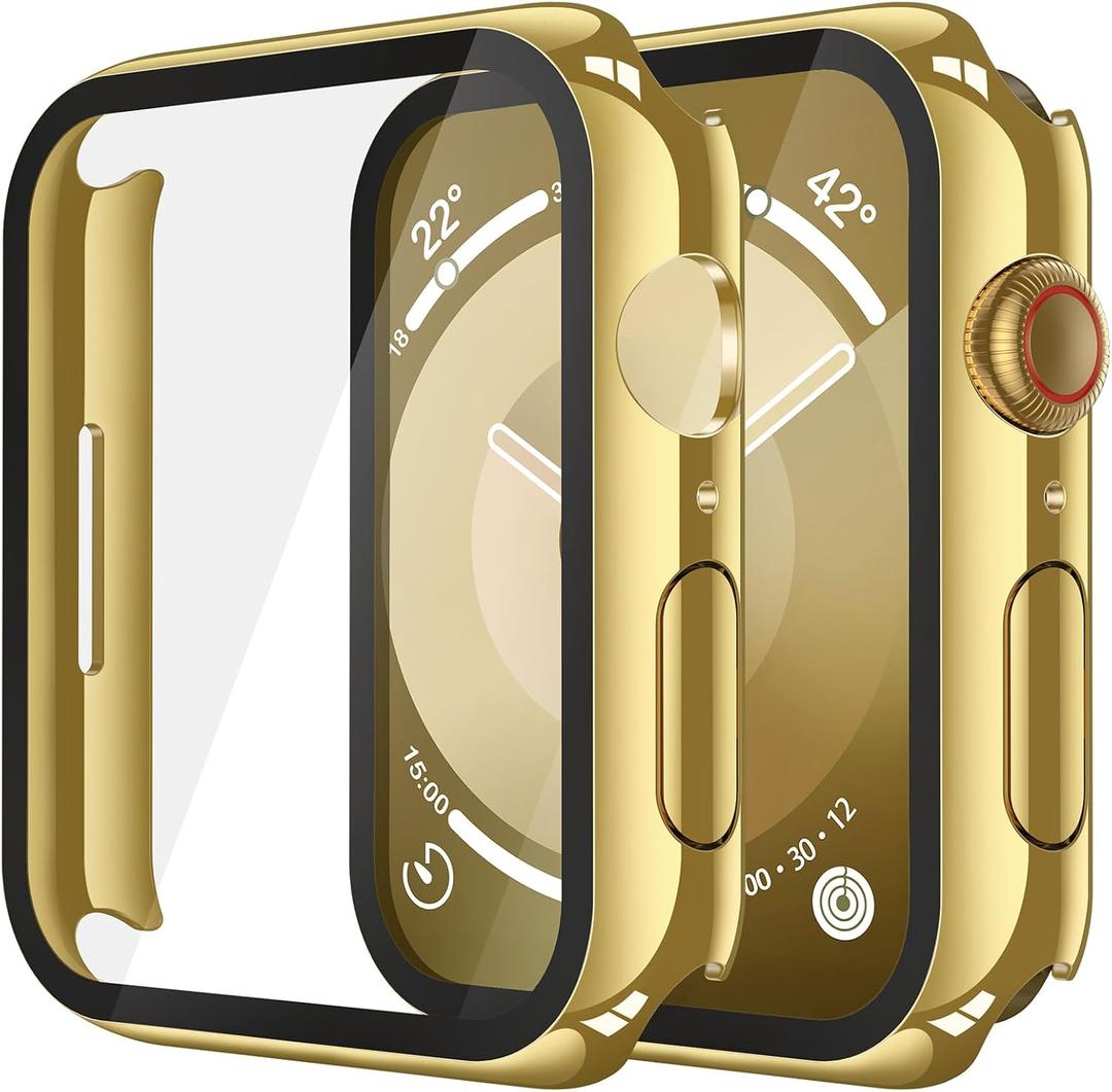 Misxi 2 Pack Tempered Glass Case Compatible for Apple Watch Series 9 Series 8 Series 7 41mm, Hard PC Screen Protector Overall Protection Scratch-Resistant Cover for iWatch, 1 Gold + 1 Transparent