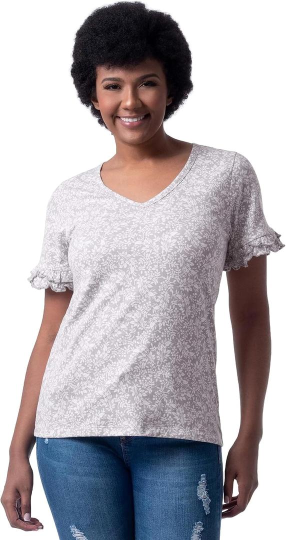 Lee Women's Cotton Ruffle Short Sleeve V-Neck T-Shirt (Gray, XL)