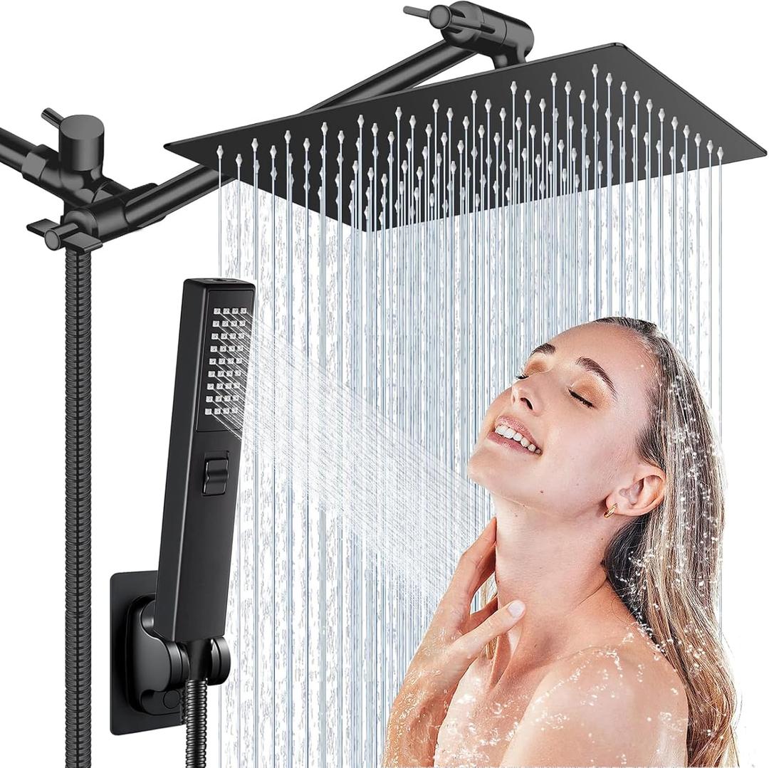 Shower Head Combo,12 Inch High Pressure Rain Shower Head with 13 Inch Adjustable Extension Arm and 2-in-1 Settings Handheld, Powerful Shower Spray Against Low Pressure Water with Long Hose(Black)