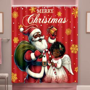 Christmas Black Santa Claus Girl Shower Curtain Bathroom Decor with 12 Hooks 72 x 72 Inches Xmas Decorations