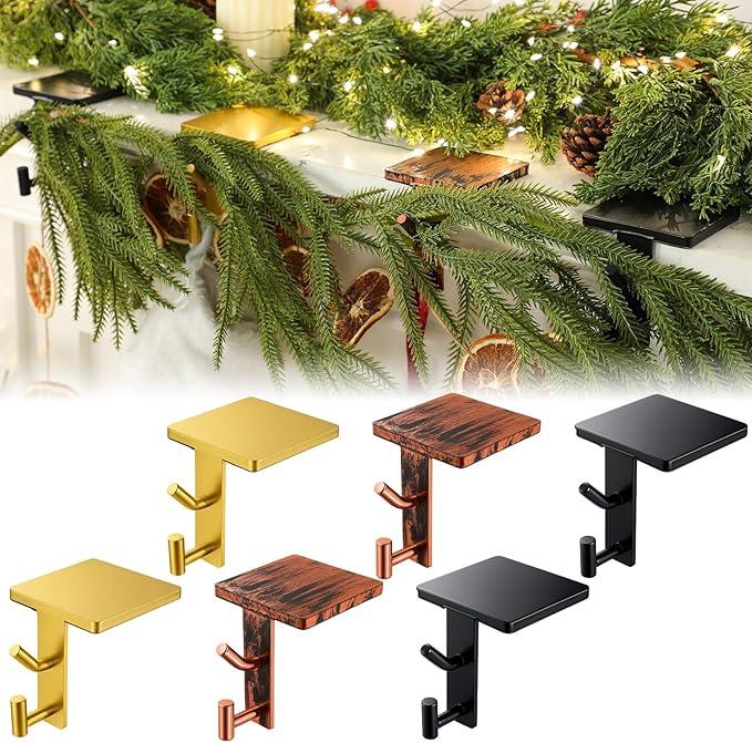 MorningRo 2 in 1 Fireplace Garland and Stocking Hangers for Mantel Heavy Duty Christmas Stocking Holders for Mantle Metal Garland Hooks Xmas Holiday Decoration(Black Brass Bronze,6 Pack)