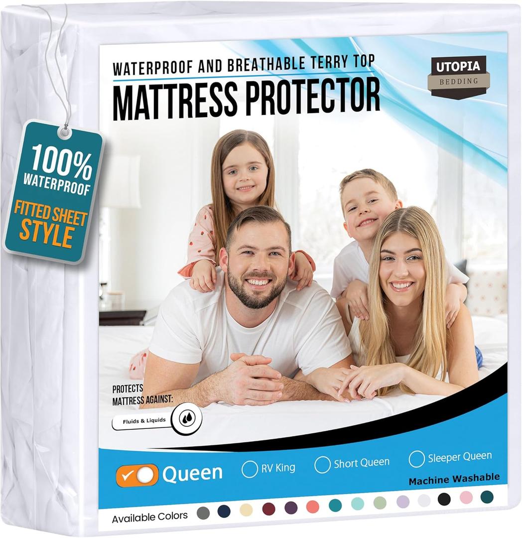 Utopia Bedding Waterproof Mattress Protector Queen Size, Premium 200 GSM Terry Mattress Cover, Soft & Breathable Bed Cover, Fitted Sheet Style with Stretchable Deep Pockets 17" (White)