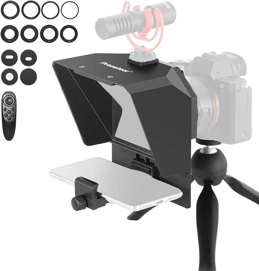 AMBITFUL Teleprompter 7.5'' with Tabletop Tripod for Smartphone and DSLR Camera, Adjustable Phone Clip & Camera Adapting Ring, for Live Streaming, Interviews