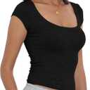 Artfish Women's Short Sleeve T-Shirts Low Scoop Neck Slim Fitted Ribbed Knit Casual Longer Crop Top (Black, M)