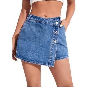 WDIRARA Women's High Waisted Button Front Denim Skort Asymmetrical Hem Wrap Jean Skirt Shorts Medium Wash XS