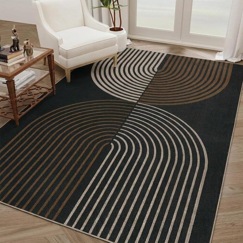 Garvee Arch Striped Living Room Rugs 4x6 Indoor Outdoor Easy Jute Rugs with Non Slip Backing, Stain Resistant Non Shedding Carpet Foldable Thin Neutral Mats for Entryway Dining Room Patio, Black/Brown