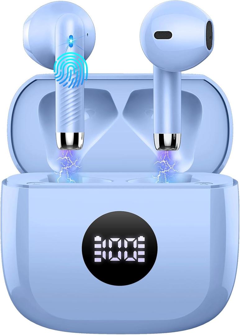 Wireless Earbuds, 2025 Bluetooth Headphones 5.4 HiFi Stereo, in-Ear Ear buds with 4 ENC Noise Cancelling Mics, 40H Playtime Sport Ear Buds with Charging Case, IP7 Waterproof Earphones with LED Display (azure)