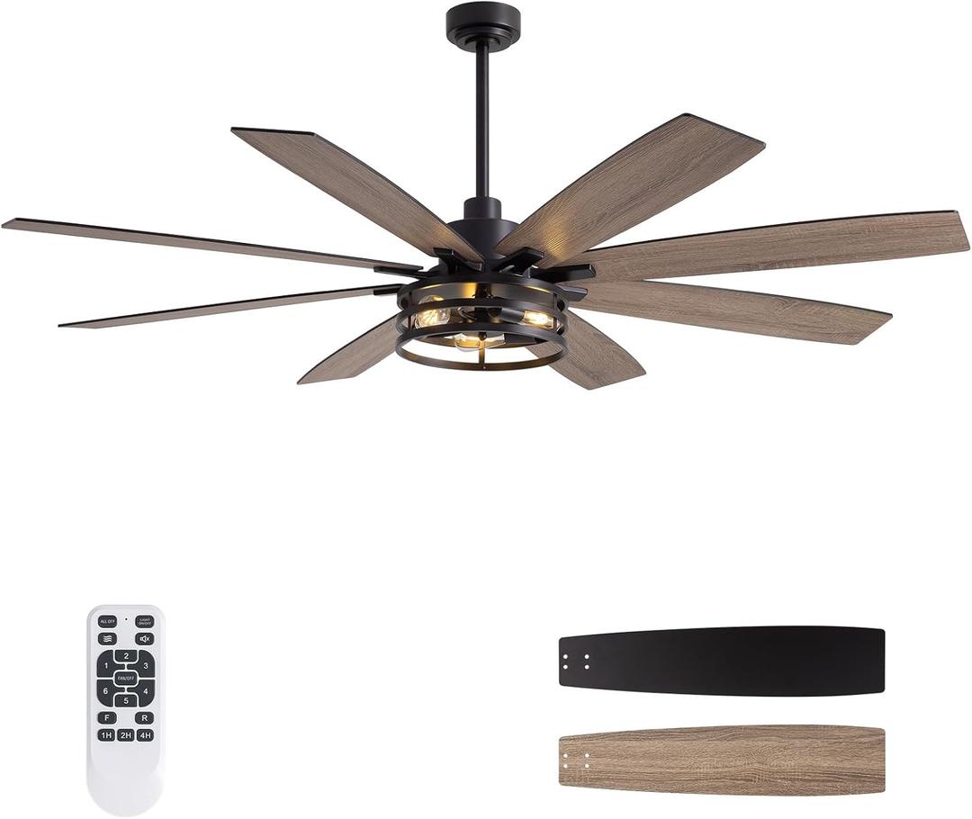 LuminFan 72 inch Large Ceiling Fans with Lights and Remote, Black Modern Ceiling Fan for Living Room, Patios, 6 Speed Reversible Quiet DC Motor, 8 Blades, Easy to Install