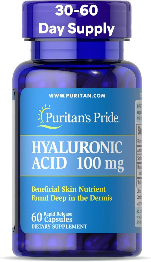 Puritans Pride Hyaluronic Acid 100mg, Dietary Supplement for Skin Hydration, 60 Rapid Release Capsules